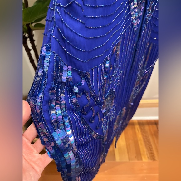Stunning Hand Beaded Made In India Silk Vintage Dress Cobalt 10 M S - Picture 7 of 9